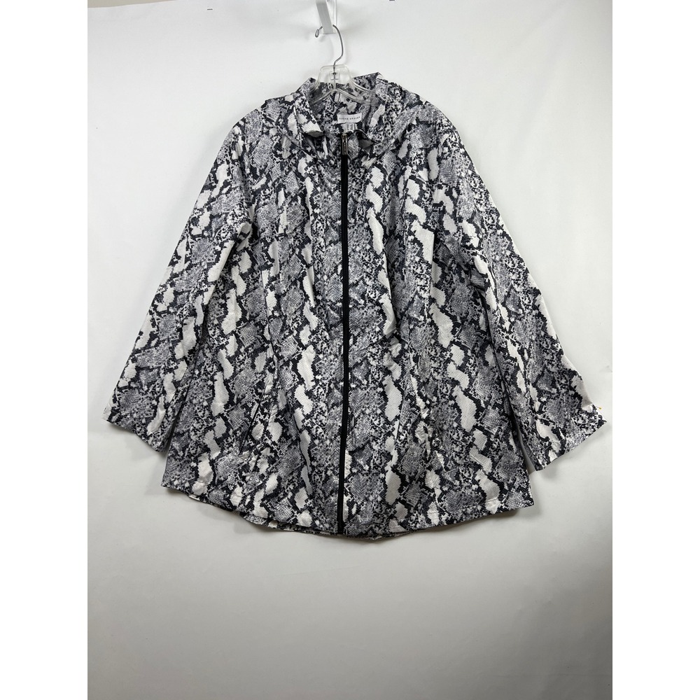 Susan Graver Rain Jacket Women 1X Black White Snakeskin Hooded Zip Up Pockets